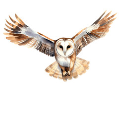 AI-generated watercolor flying Owl clip art illustration. Isolated elements on a white background.