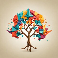 abstract origami tree with colorful leaves - obrazy, fototapety, plakaty