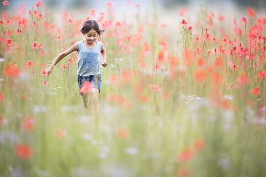 child running through a field of tall red wildflowers