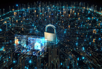 Secure connection concept or motherboard cyber security service calculate and lock security with login and connect verified credentials as wide banner design.Ai Generetive