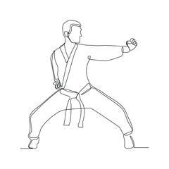 Continuous single line sketch drawing of young man confident karateka in kimono practicing karate combat. One line traditional martial art sport training concept Vector illustration