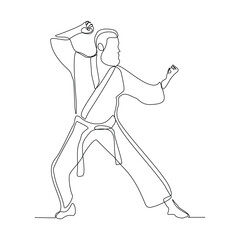 Fototapeta premium Continuous single line sketch drawing of young man confident karateka in kimono practicing karate combat. One line traditional martial art sport training concept Vector illustration