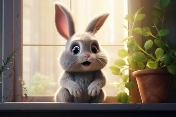 Amazed Bunny on Window Sill
