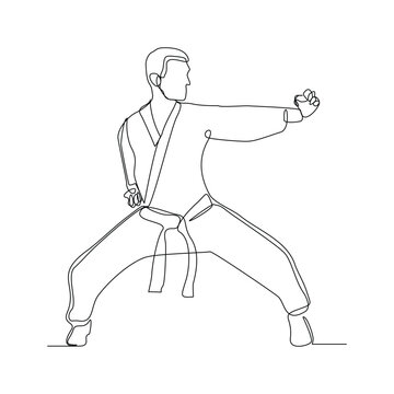 recommend clip art: Continuous single line sketch drawing of young man confident karateka in kimono practicing karate combat. One line traditional martial art sport training concept Vector illustration