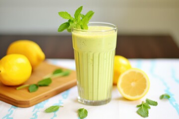 Fototapeta premium glass of lemon and mint detox smoothie, lemon wedge decoration