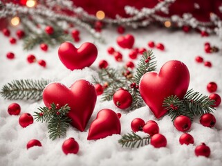 Red hearts, fir tree branch and red berries on snow background. Saint Valintine's composition ai