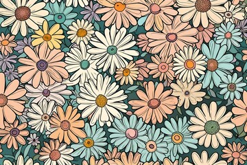 A burst of pastel-colored daisy flowers unfolds in HD, creating a trendy seamless pattern reminiscent of vintage 70s grooviness.