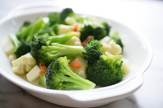 closeup of steamed broccoli florets in white dish