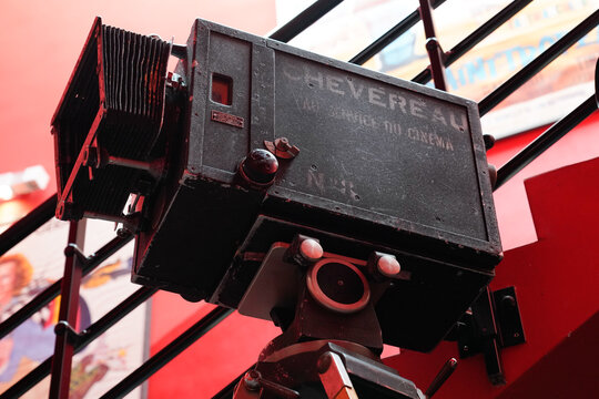 chevereau sign text and brand rental cinema company on old vintage movie camera