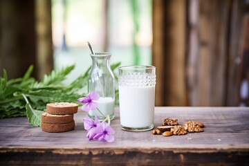 almond milk glass with vegan cookies on a rustic table - obrazy, fototapety, plakaty