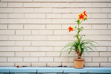 brick wall with a single flowering plant