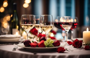 Romantic table setting with wine glasses for valentine's day celebration