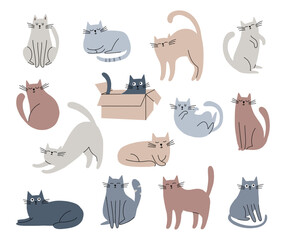 Cute cat collection. Funny pets. Hand drawn domestic animals sketch. Cartoon doodle vector set. © elena_garder