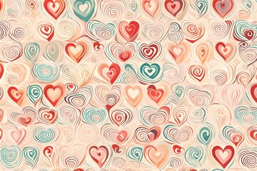 Spirals of retro allure grace the canvas in an abstract illustration, forming a seamless pattern of hearts against a backdrop of delicate pastel hues.