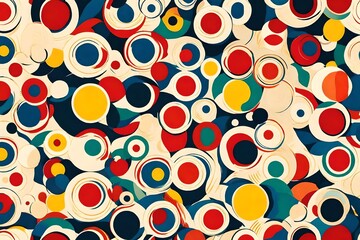 A burst of creativity unfolds with circles in an abstract masterpiece, forming a seamless pattern adorned with the timeless charm of retro-inspired primary colors.