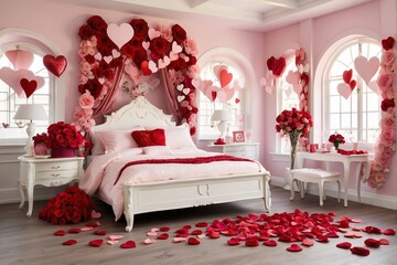 Bedroom roses, hearts, and tables in celebration of Valentines Da