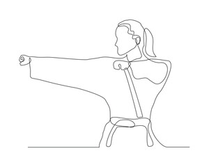 Continuous single line sketch drawing of young woman confident karateka in kimono practicing karate combat. One line traditional martial art sport training concept Vector illustration
