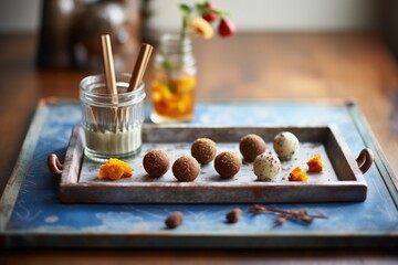 Fototapeta na wymiar handmade chocolate truffles on tray