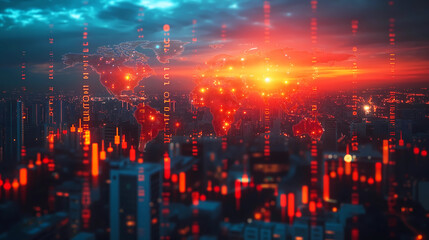 Obraz premium Double exposure of abstract financial graph background. Forex, investment and cryptocurrency digital economy. Uptrends, growth economic, business strategy development, and investment.