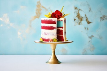 a vibrant red velvet cake on a stand