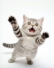 American shorthair cat jumping at camera on white background