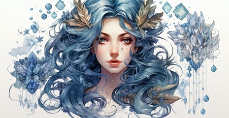 ethereal woman with blue hair - a mystical portrait - obrazy, fototapety, plakaty