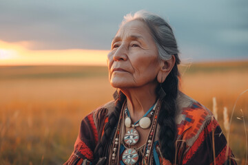 Old Indigenous woman on sunset in preries, wisdom and cultural heritage concept - obrazy, fototapety, plakaty