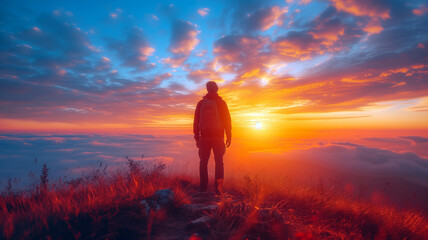 Fototapeta premium A man meets the sunrise in the mountains, above the clouds. Joy and freedom concept