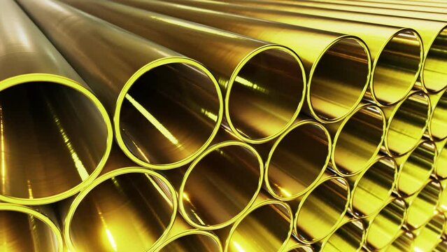 Tracking DOF camera looping 3D animation of the gold plated pipes or tubes stacked at warehouse rendered in UHD