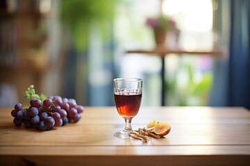 natural grape juice in a wine glass on a wooden table