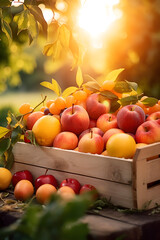 Various kinds of fruits harvested in a wooden box in an orchard with sunset. Natural organic fruit abundance. Agriculture, healthy and natural food concept. Horizontal composition.