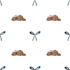 Fototapeta premium Watercolor seamless pattern with a lying vintage cute bear with a blue bow. Kawaii illustration of a plush toy on a white background for printing on children's textiles and wrapping paper.