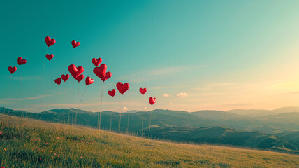 .A wallpaper featuring a dreamy landscape of rolling hills adorned with heart-shaped red balloons