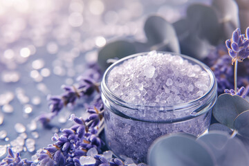 A detailed close-up of a glass jar filled with cosmetic sea salt, surrounded by dried lavender and eucalyptus leaves, capturing natural textures and c