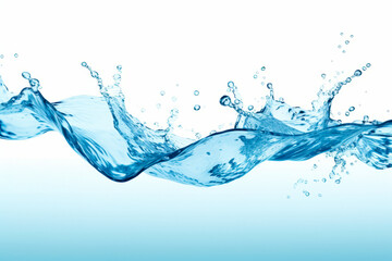 Blue water wave with bubbles and water droplets on white background.