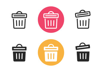 Bin trash can icon simple graphic pictogram image vector, garbage waste glyph symbol set line outline stroke solid art, delete remove ui element design black white clipart red yellow