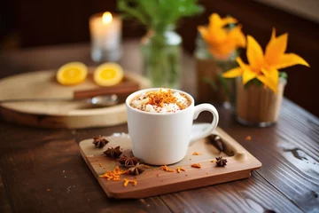 Fotobehang hot chocolate with orange zest and cloves on wood surface © studioworkstock