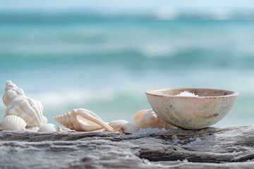 Fototapeta na wymiar A serene coastal scene with a bowl of sea salt on weathered driftwood, surrounded by seashells and a blurred ocean in the background, capturing the peaceful essence of the coast.
