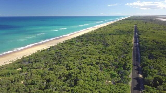 Scenic Aerial Panorama Drone Video of the Golden Beach and Ocean in Victoria, Australia