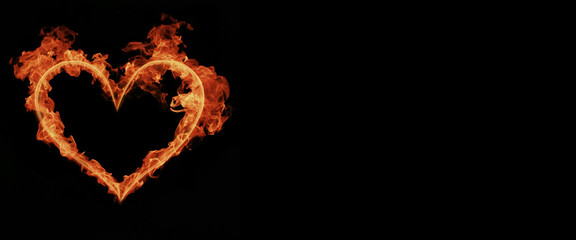 heart made of red smoke and fire on black background. Copy space.