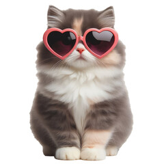 Obraz premium Fluffy Persian cat with big heart-shaped pink sunglasses, isolated on transparent background.