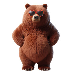 Funny Grizzly bear standing upright, sporting heart-shaped sunglasses, evoking a playful and loving theme, isolated on transparent background.