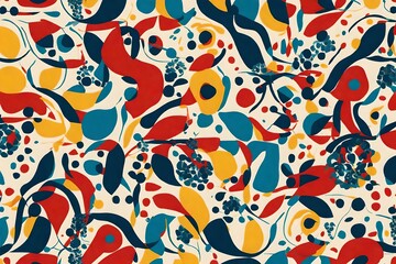 A dance of artistic expression takes center stage, as an abstract print weaves a seamless pattern with organic shapes in a retro-inspired primary color palette.