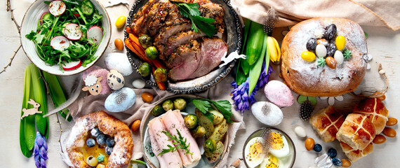 Easter dinner. Traditional food. Family spring event.