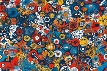 Fototapeta premium Bold and dynamic, an explosion of creative drawings forms a seamless pattern in trendy primary hues on a captivating background.