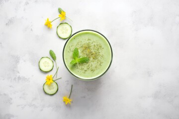 cucumber detox smoothie, cucumber slices floating on top