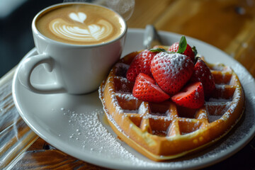 A heart-shaped waffle with strawberries and latte art in a warm, cozy setting for a romantic Valentine's Day. Selective focus.