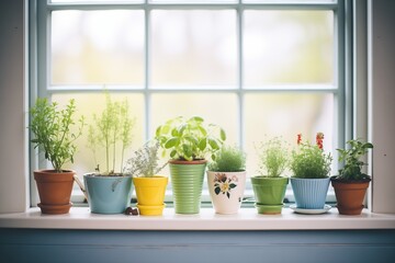 collection of small potted herbs by a window