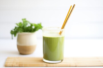 kale and apple smoothie in a clear glass with a bamboo straw