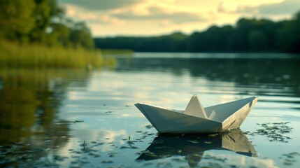 Paper boat sailing on a serene pond.